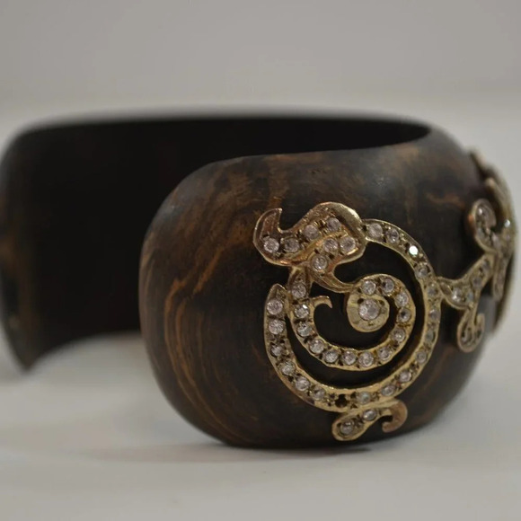 Isharya Wood Cuff Bracelet 18k Gold Vermeil Cubic Zirconia Small - Picture 15 of 16